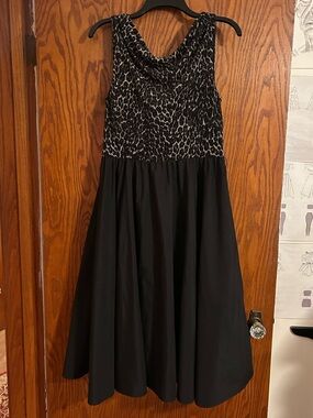 Black Midi Dress with Glitter Leopard Bodice